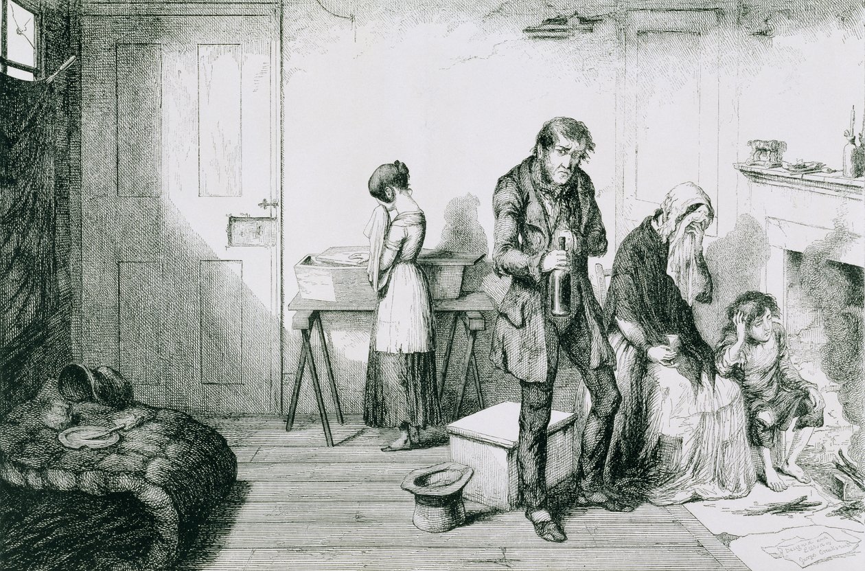 Láhev, deska V, Zima, bída a nouze ničí jejich nejmladší dítě: utěšují se lahví, 1847 od George Cruikshank