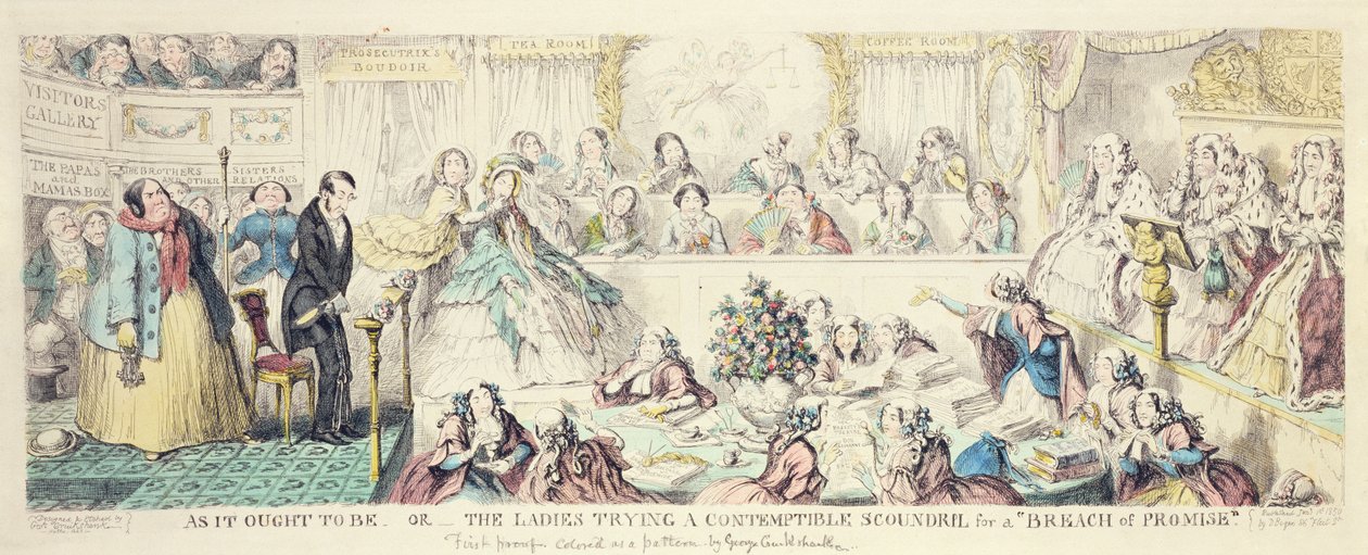 The Breach of Promise - kreslený ručně kolorovaný lept od George Cruikshank