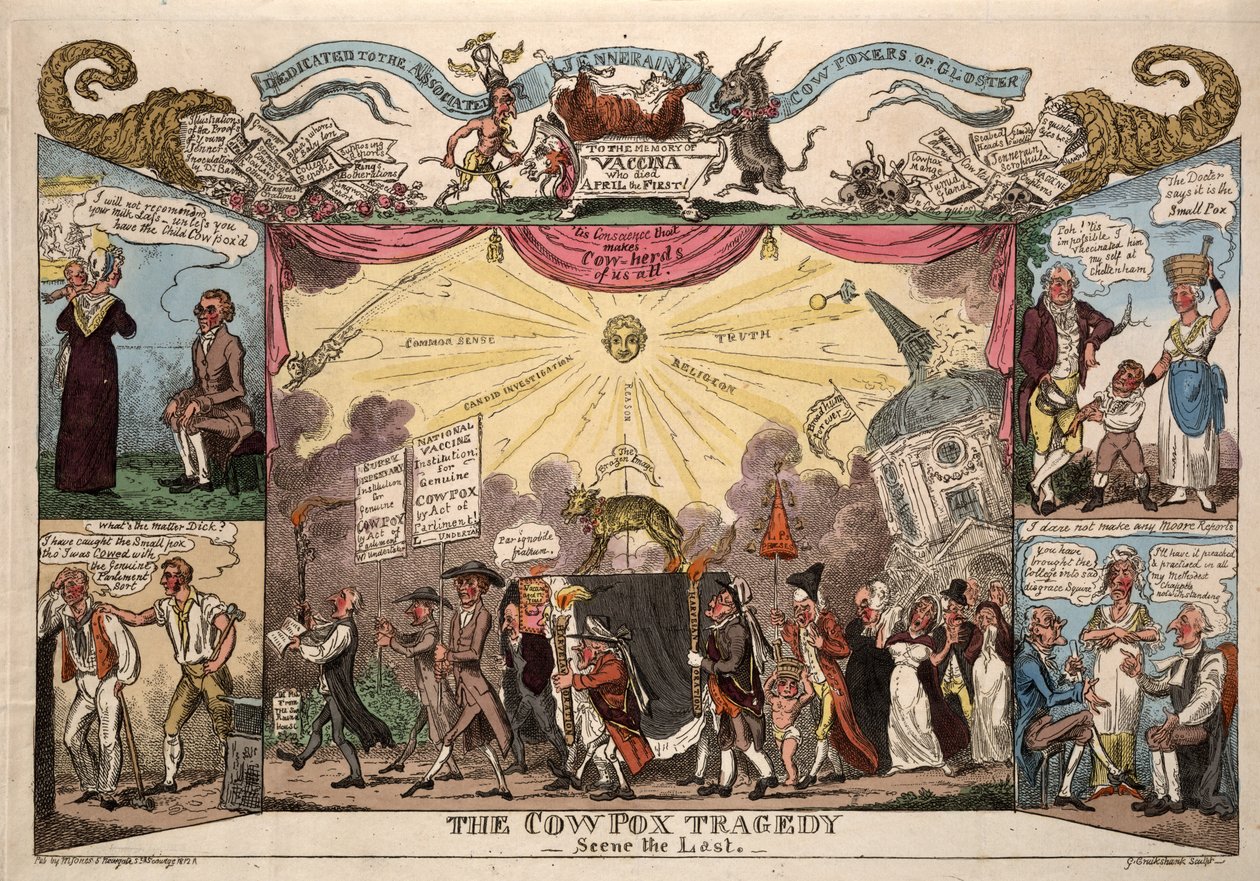 Tragédie kravských neštovic - scéna Poslední, hospoda. Londýn, 1812 (ručně kolorovaná rytina) od George Cruikshank