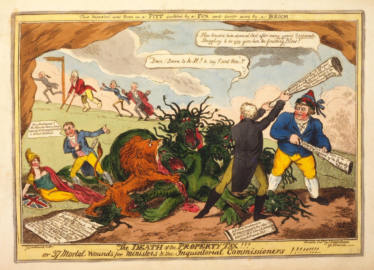 Smrt daně z nemovitosti!! aneb 37 Smrtelných ran pro ministry a inkviziční komisaře, nakl. 1816 (ručně kolorovaná rytina) od George Cruikshank