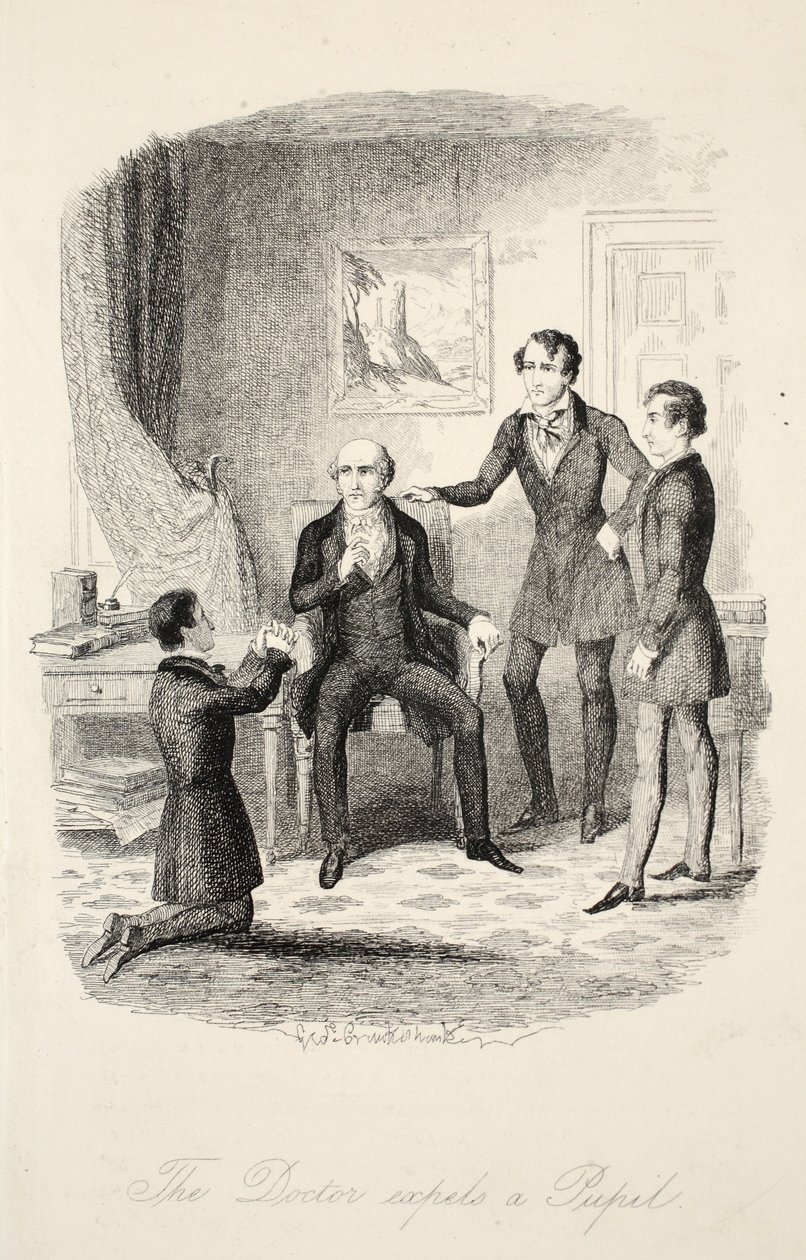 Doktor vyhání žáka, z knihy Frank Fairleigh aneb Scény ze života soukromého žáka, vyd. cca 1870 od George Cruikshank