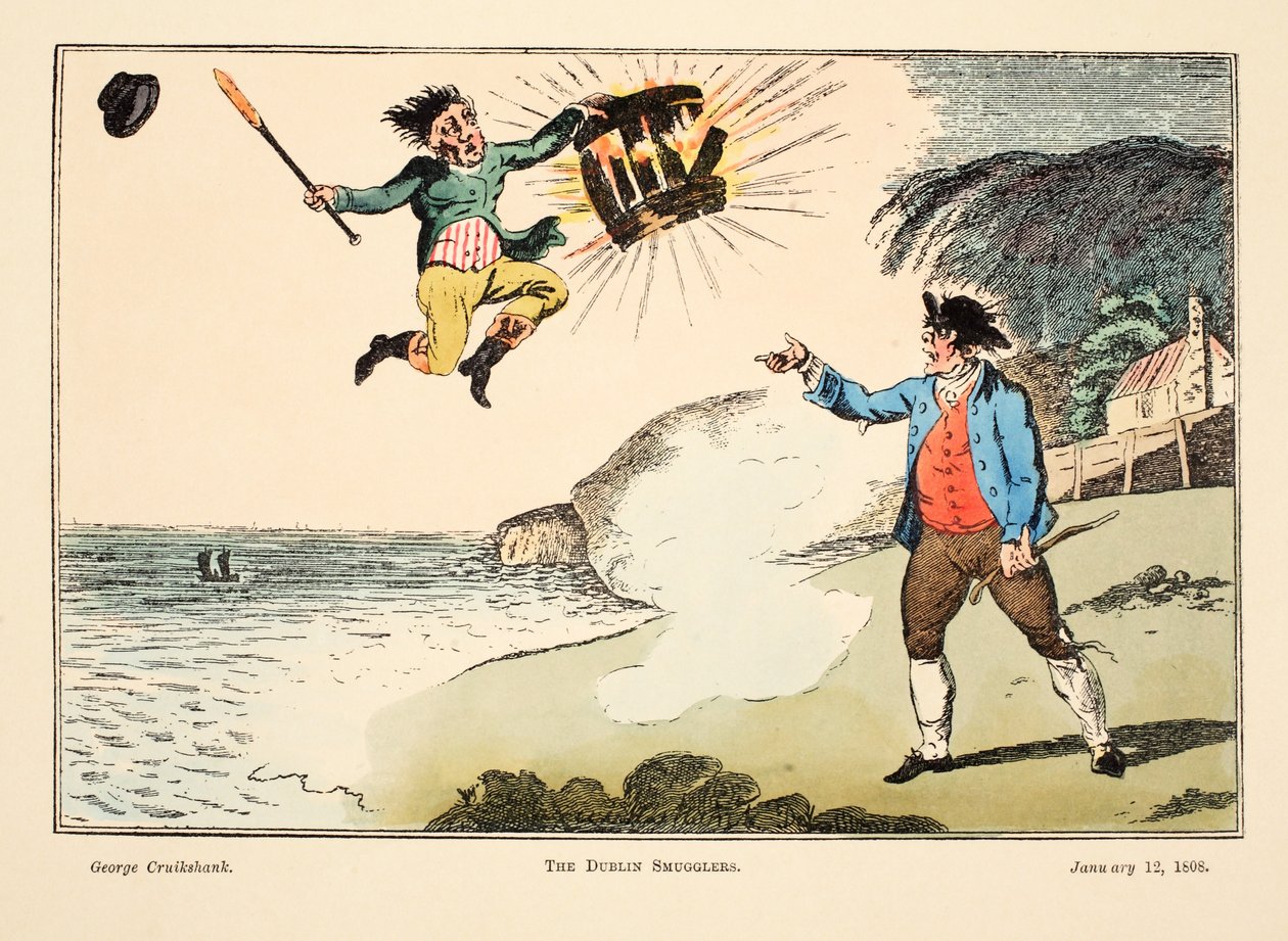 The Dublin Smugglers, 1808 (ručně kolorovaná rytina) od George Cruikshank