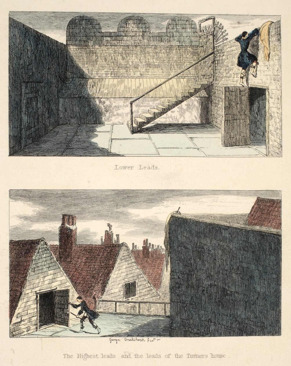 The Escape No. 3, ilustrace z Jack Sheppard: A Romance od Williama Harrisona Ainswortha, vydáno 1839 (ručně kolorovaný lept) od George Cruikshank
