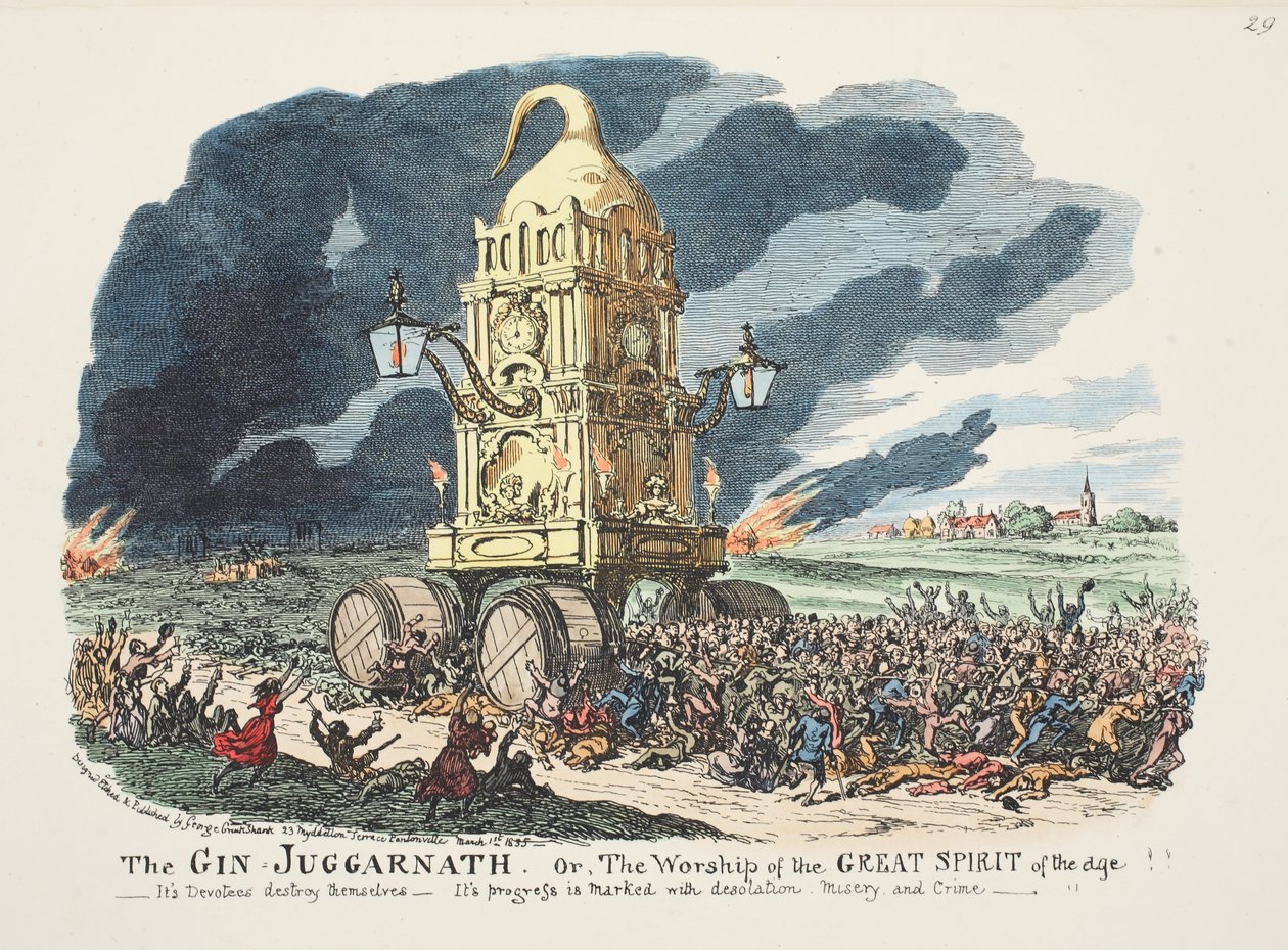 Gin Juggarnath aneb Uctívání Velkého ducha Věku!! - Jeho oddaní se ničí - Jeho pokrok je poznamenán zkázou, bídou a zločinem, hospoda. 1835 (ručně kolorovaná rytina) od George Cruikshank