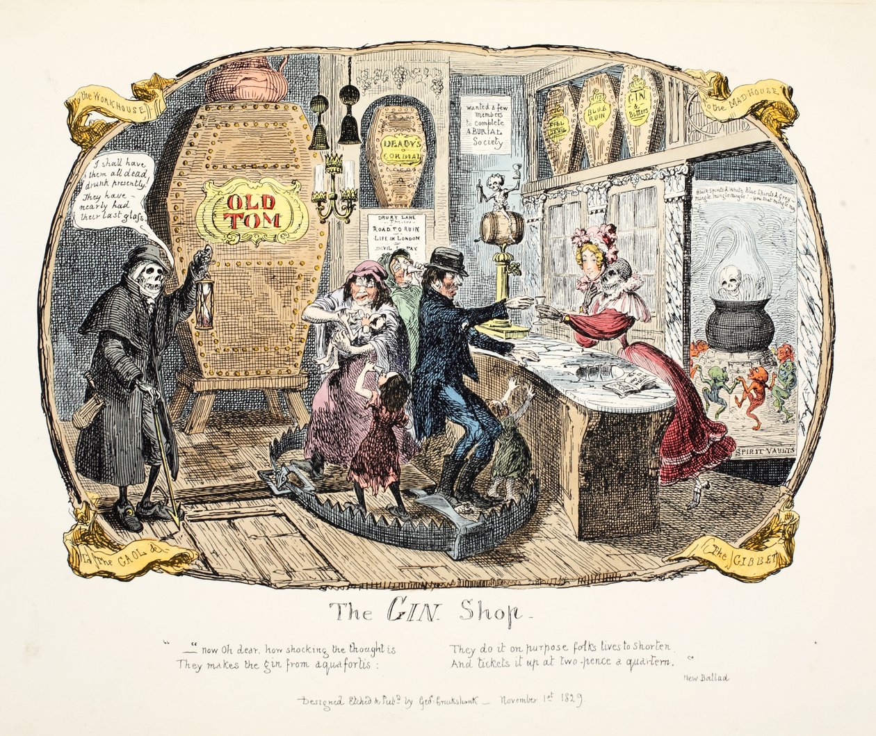 The Gin Shop, hospoda. 1829 (ručně kolorovaná rytina) od George Cruikshank