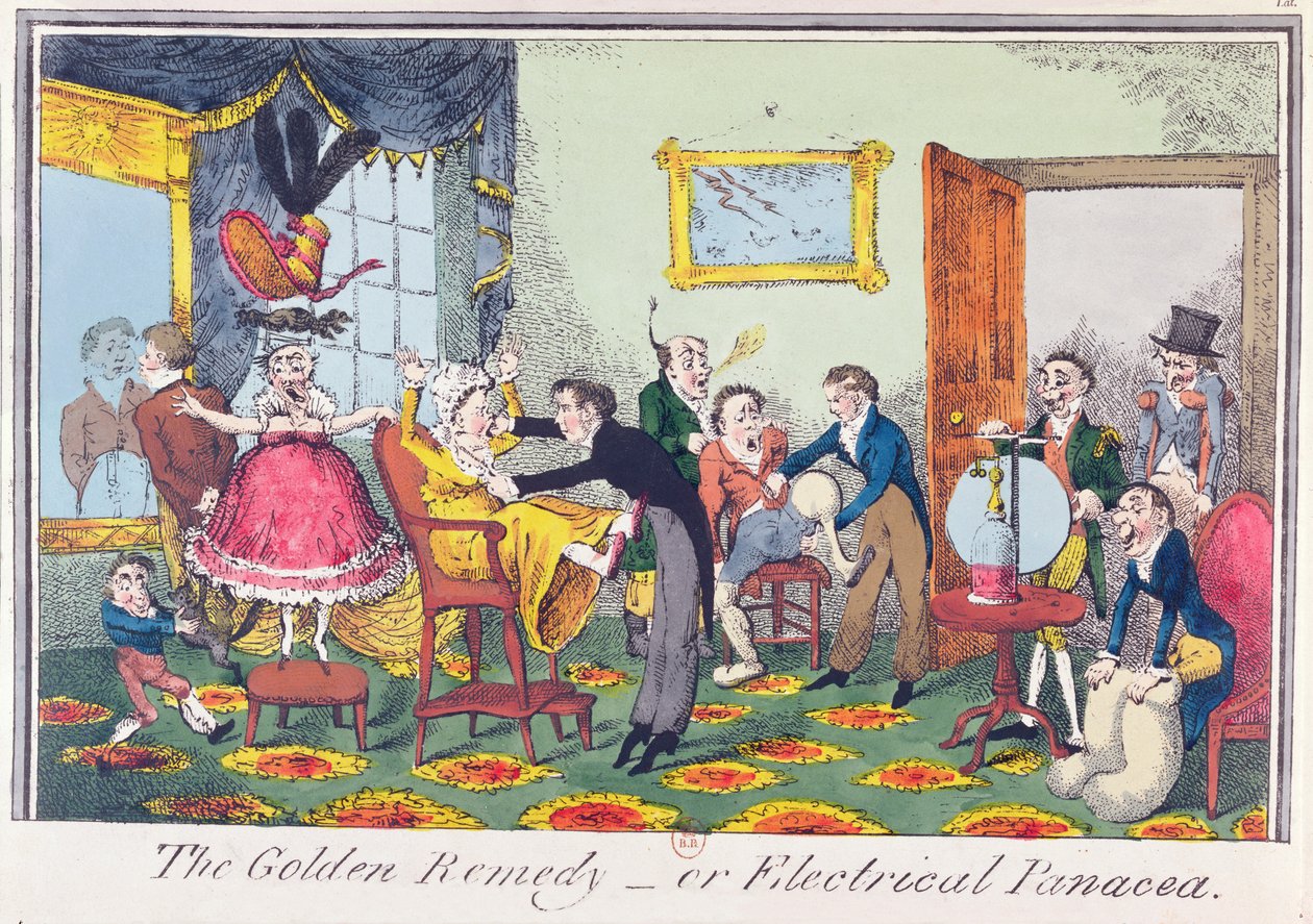 The Golden Remedy nebo Electrical Panacea, 1818 (barevný lept) od George Cruikshank