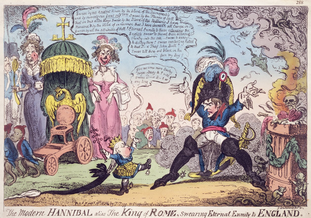 Římský král, 1814 - karikatura zobrazující Napoleona a jeho syna, Napoleon II (1811-32), Roi de Rome od George Cruikshank