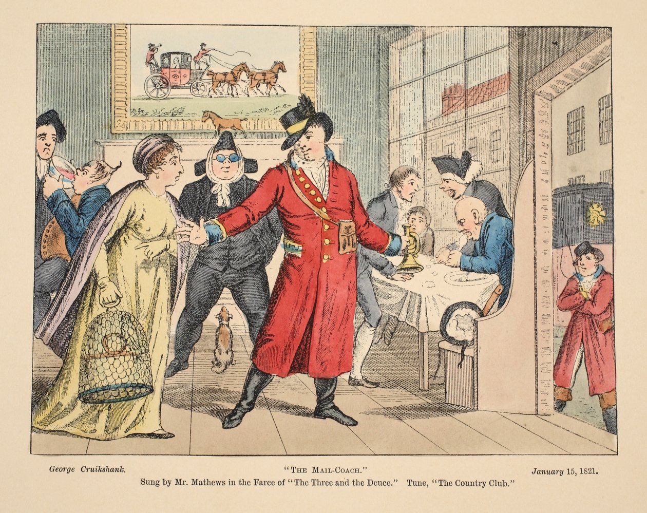 Mail-Coach, zpívaný panem Mathewsem ve Frašce tří a dvojky. Tune, The Country Club, hospoda. 1821 (ručně kolorovaná rytina) od George Cruikshank