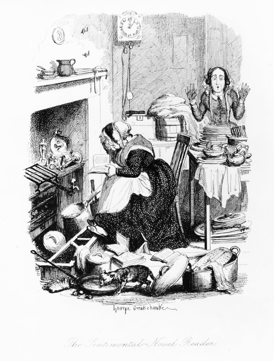 Čtenář sentimentálních románů, ilustrace z „Největší mor života aneb dobrodružství dámy při hledání dobrého sluhy“ od Augusta a Henryho Mayhewových, vydáno 1847 od George Cruikshank
