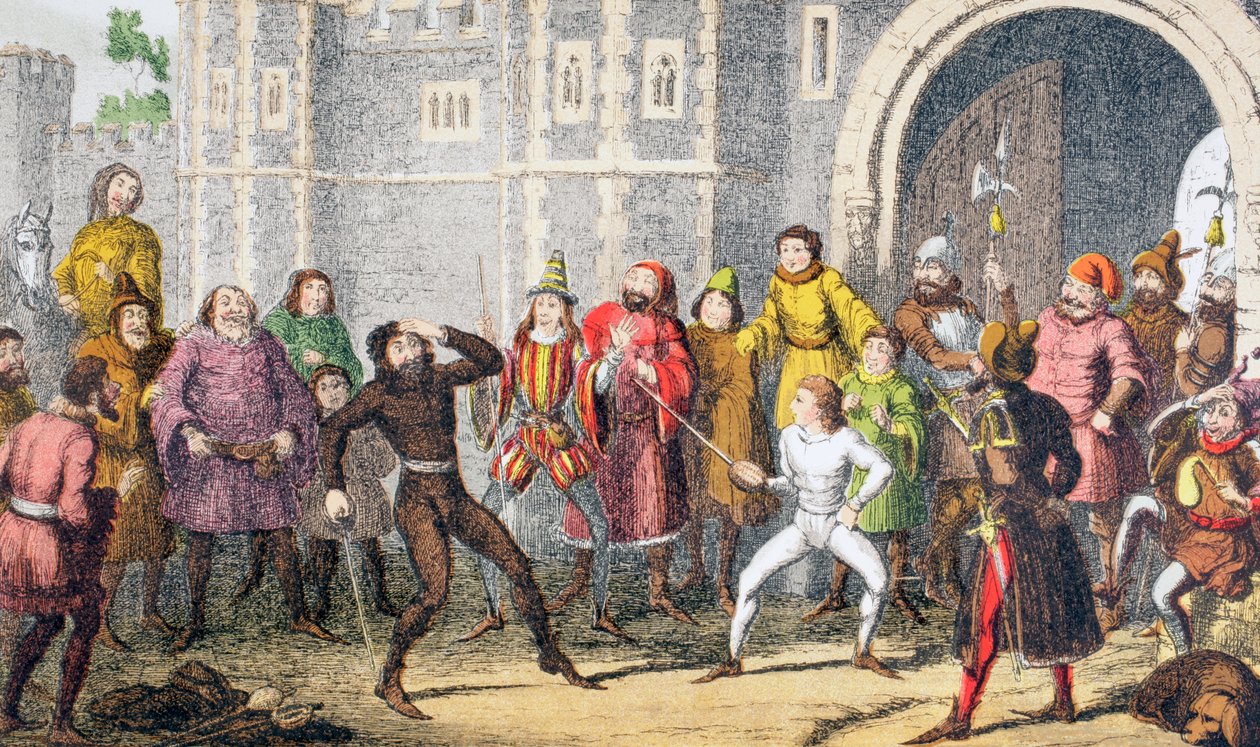 „Stejný sir John, úplně stejný. Viděl jsem, jak zlomil Skoganovi hlavu u soudní brány, když nebyl tak vysoký, 1890 od George Cruikshank