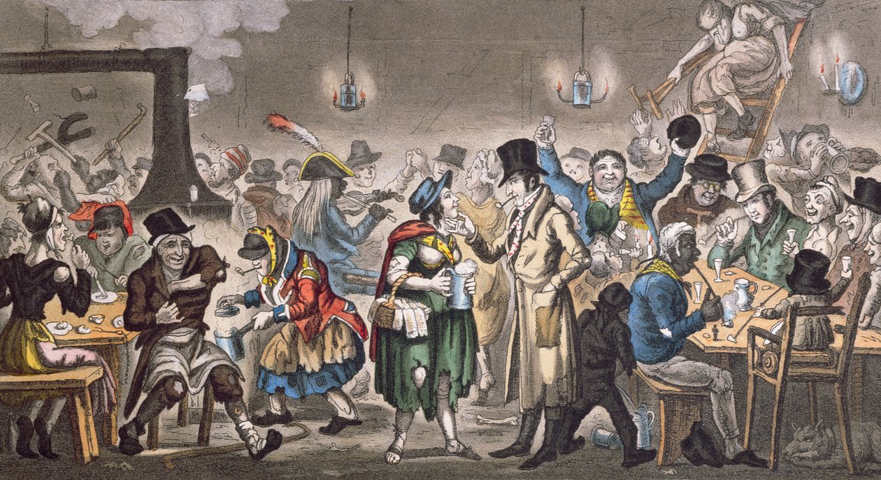 Tom a Jerry "mašírují" mezi kadeřníky v "zadních slumech" ve Svaté zemi, z knihy Pierce Egana (1772-1849) "Život v Londýně", 1821 (kolorovaná akvatinta) od George Cruikshank