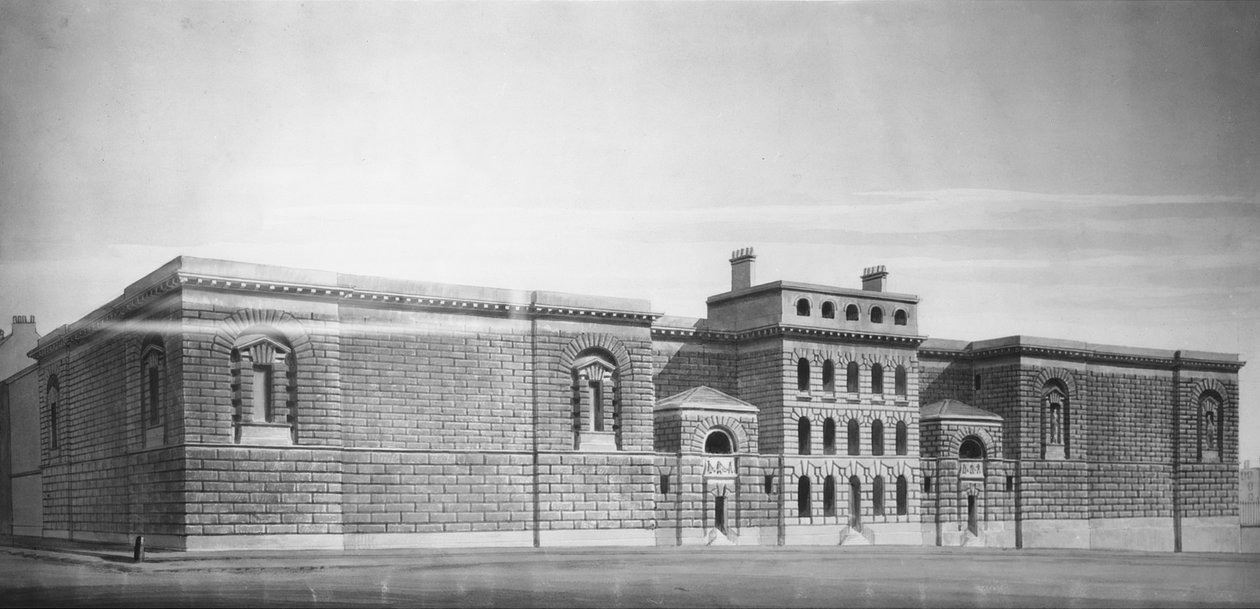 Newgate Gaol: Elevation, drawing (bw negativní) od George Dance