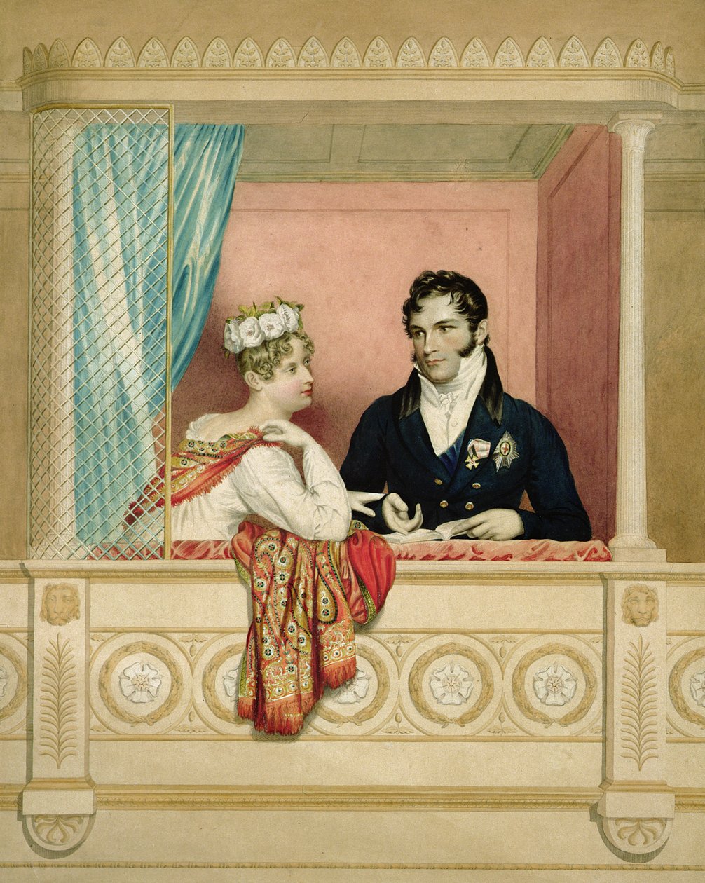 Princezna Charlotte Augusta z Walesu (1796-1817) a princ Leopold Sasko-Kobursko-Gothajský (1790-1865) v lóži v Covent Garden od George Dawe