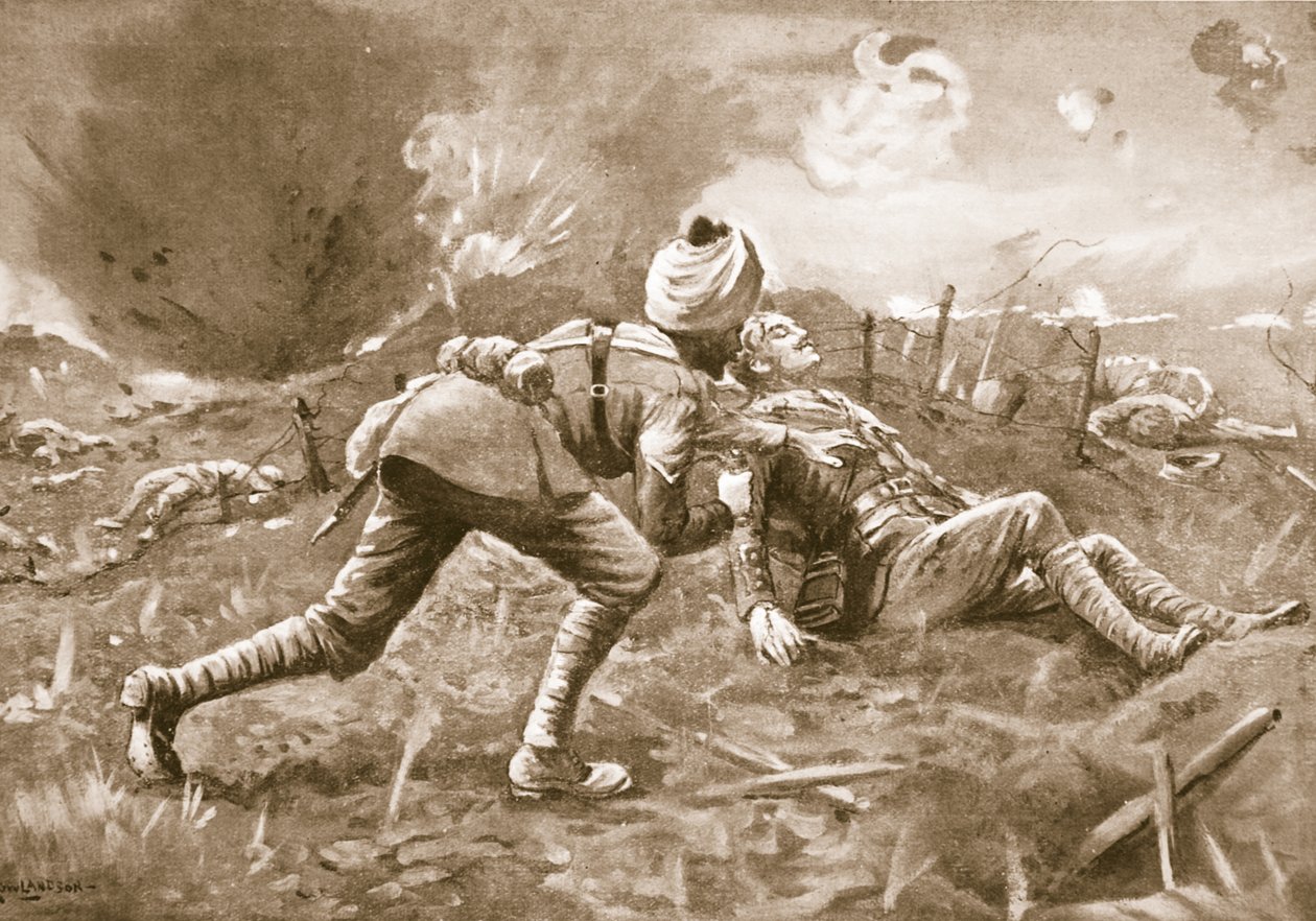 Lance-Naik Lala odvleče zraněného důstojníka, kterého našel ležet blízko nepřítele, do úkrytu a tam mu obvazuje rány od George Derville Rowlandson