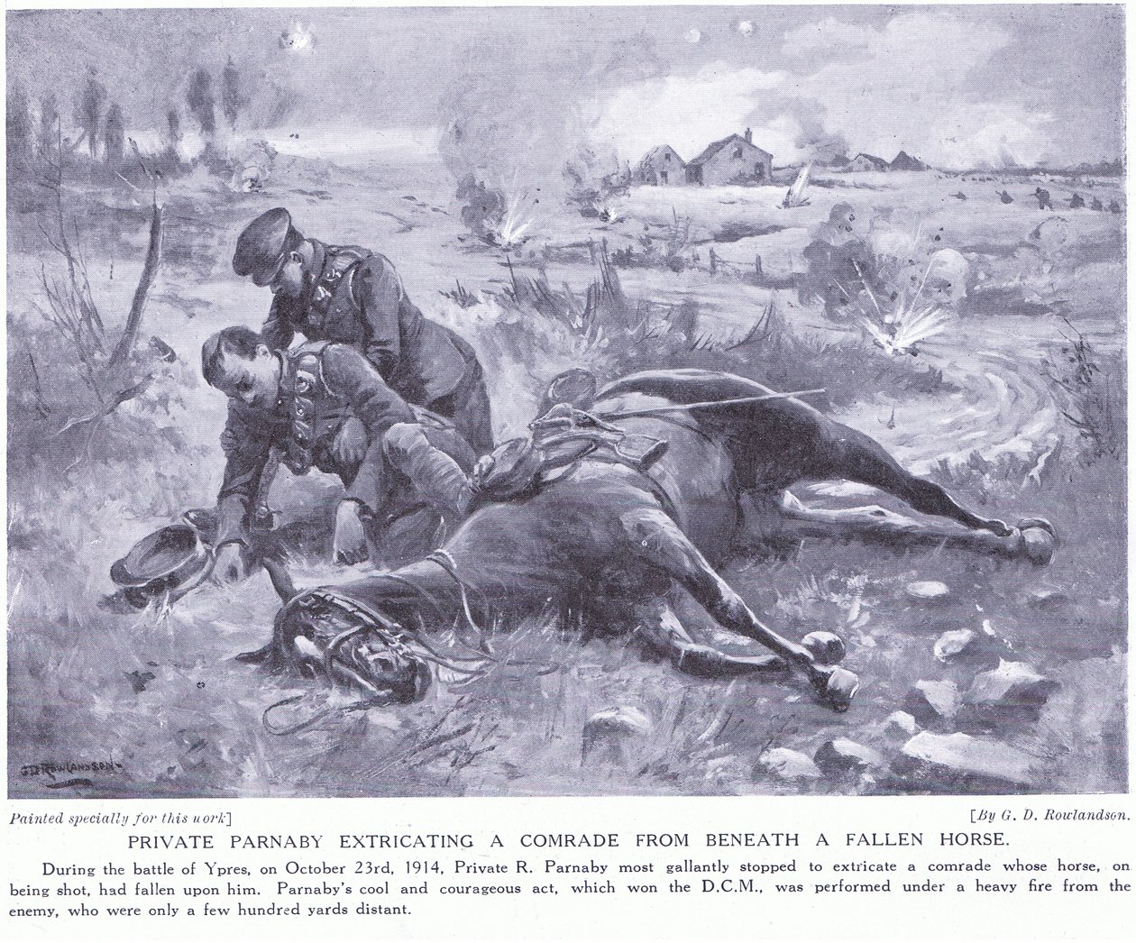 Vojín Parnaby udělil DCM za vytažení kamaráda zpod padlého koně pod těžkou palbou října 1914 od George Derville Rowlandson