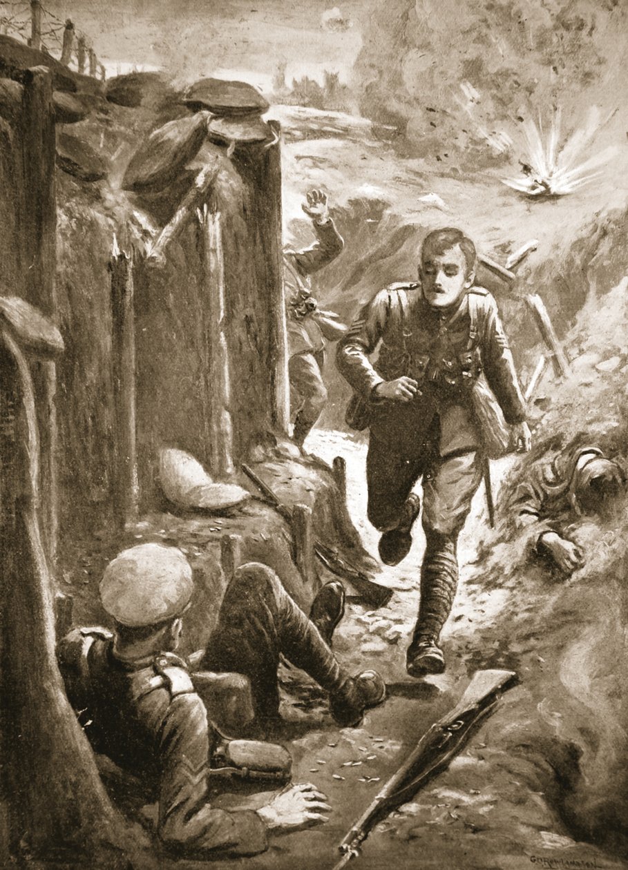 Seržant Tuersley běží na pomoc zraněnému desátníkovi, kterému střela ustřelila polovinu nohy od George Derville Rowlandson