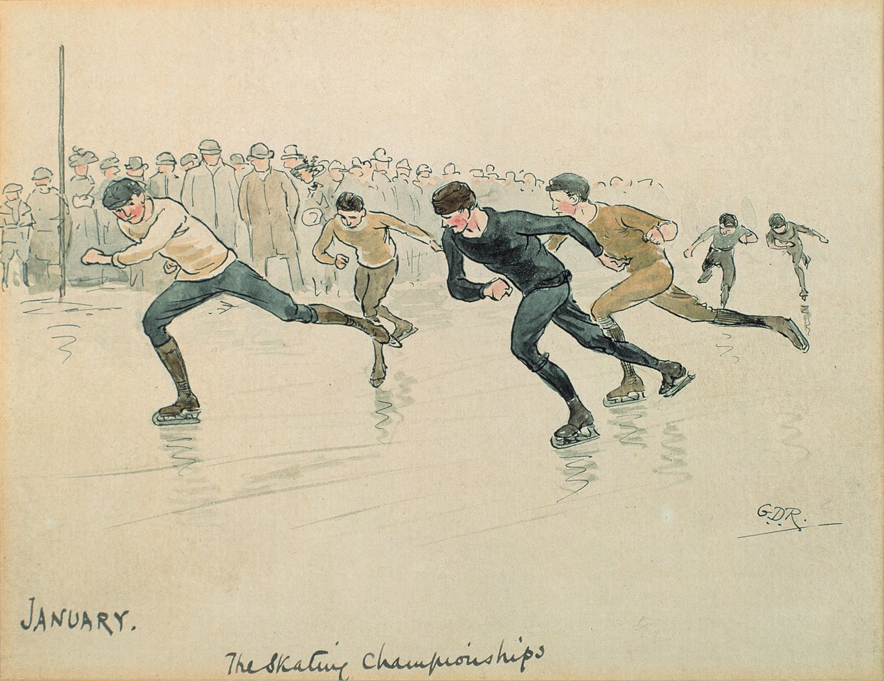 Měsíc leden: bruslení (pero a inkoust a wc na papíře) od George Derville Rowlandson