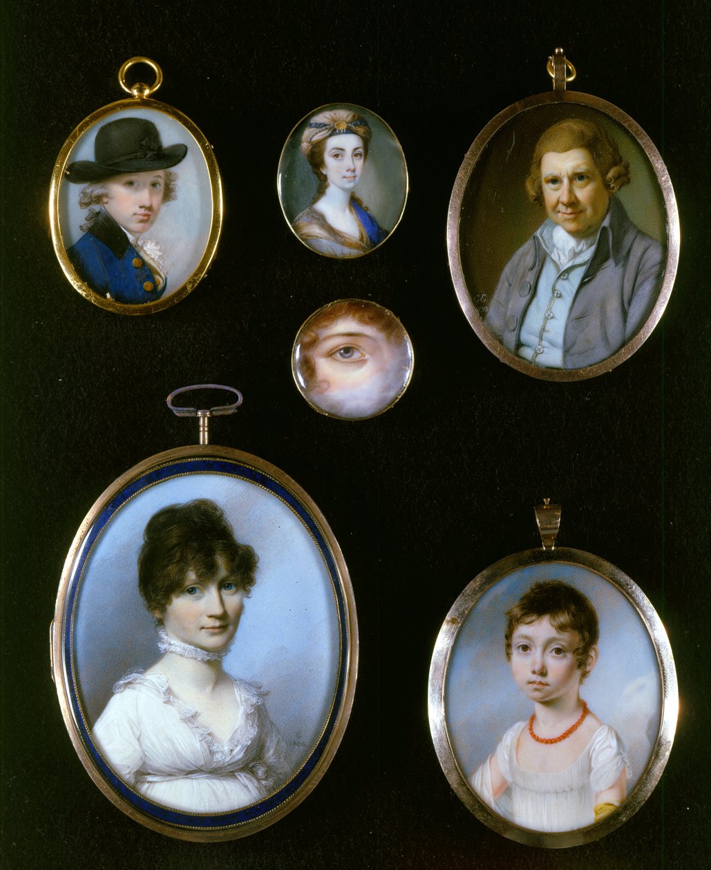 Portrétní miniatury, od LtoR a TtoB: Sir Thomas Terney; Neznámá žena; William Alton; Portrét oka; Neznámá žena (1750-1829); Neznámá dívka od J.C.D. Englehearta (1784-1862) od George Engleheart