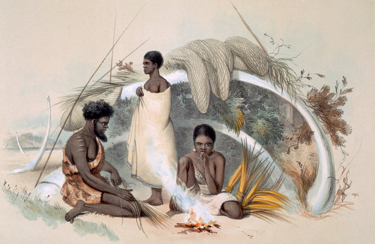 Domorodci z Encounter Bay, vyrábějící šňůru pro rybářské sítě v chýši vytvořené z žeber velryby, z „South Australia Illustrated“, vydané v roce 1847 (ručně kolorovaná rytina) od George French Angas