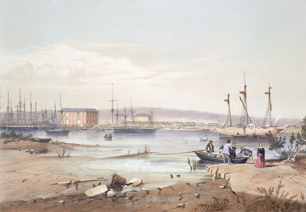 „Port Adelaide“ z „South Australia Illustrated“ vydané v roce 1847 (ručně kolorovaná rytina) od George French Angas