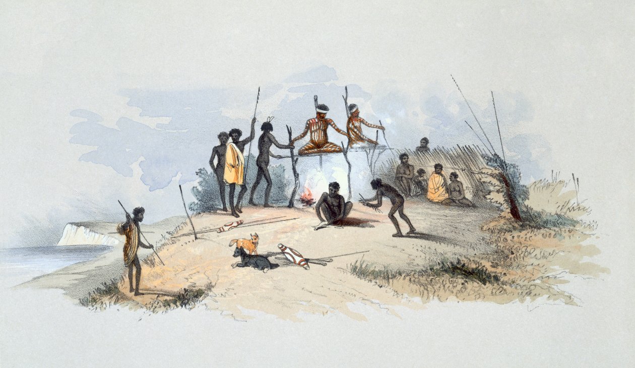 The Aboriginal Inhabitants: Native Tombs and Means of Disposing of their Dead, z „South Australia Illustrated“, vydané v roce 1847 (ručně kolorovaná rytina) od George French Angas