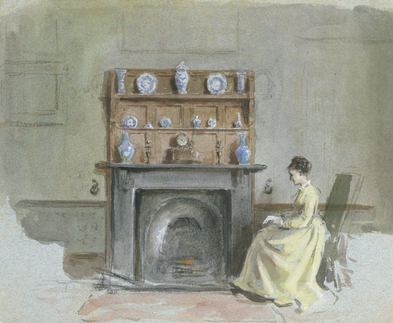 Dáma sedící u krbu od George Goodwin Kilburne