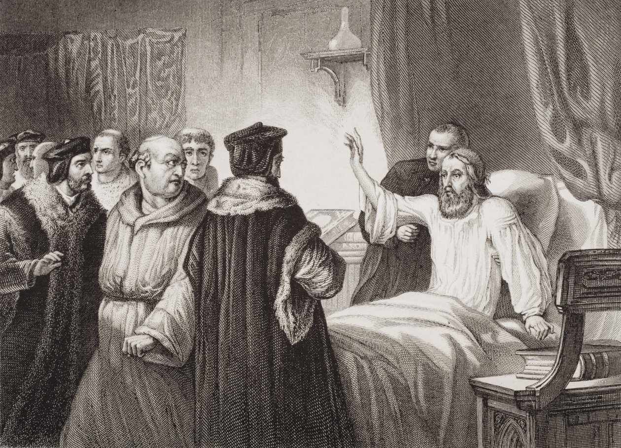 John Wycliffe (asi 1330-84) na lůžku nemocných napaden mnichy v Oxfordu, 1378, z 