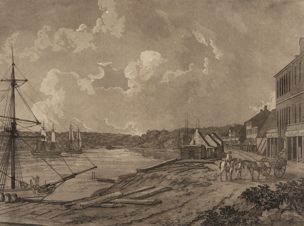Pohled na předměstí města Washington (nábřeží Georgetown), c.1795 (akvatinta) od George Isham Parkyns