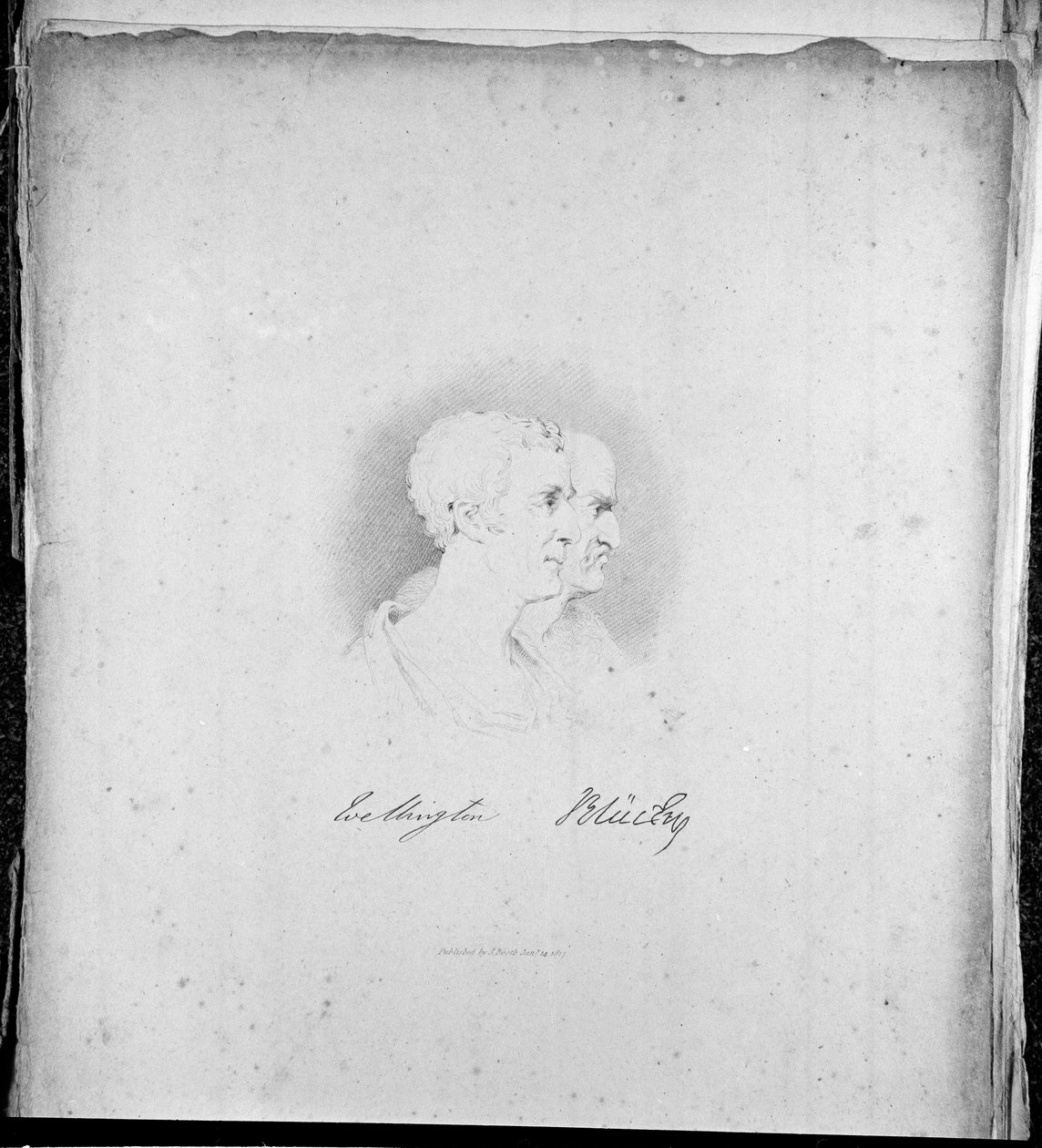 Profilové portréty Wellingtona a Blüchera, rytina Samuel Mitan, 1817 od George Jones