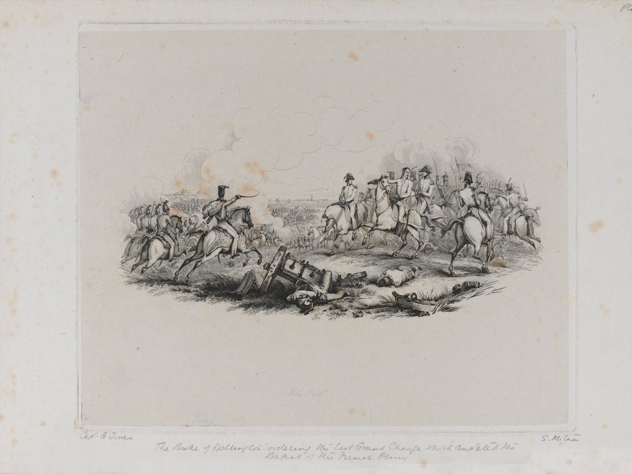 Památná bitva u Waterloo - Vévoda z Wellingtonu nařídil poslední velký útok, který dokončil porážku francouzské armády, rytina Samuela Mitan, 1817 od George Jones