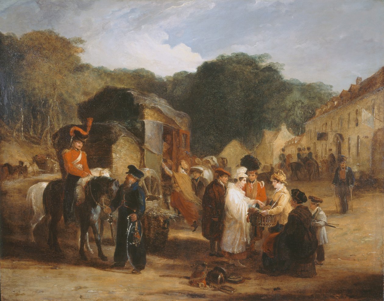 Vesnice u Waterloo, kde cestovatelé nakupují památky nalezené na bitevním poli, 1815, cca 1821 od George Jones