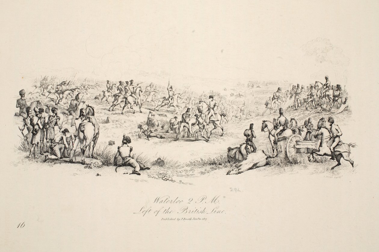 Waterloo, 14:00, vlevo od British Line, hospoda. J. Booth, 1816 od George Jones