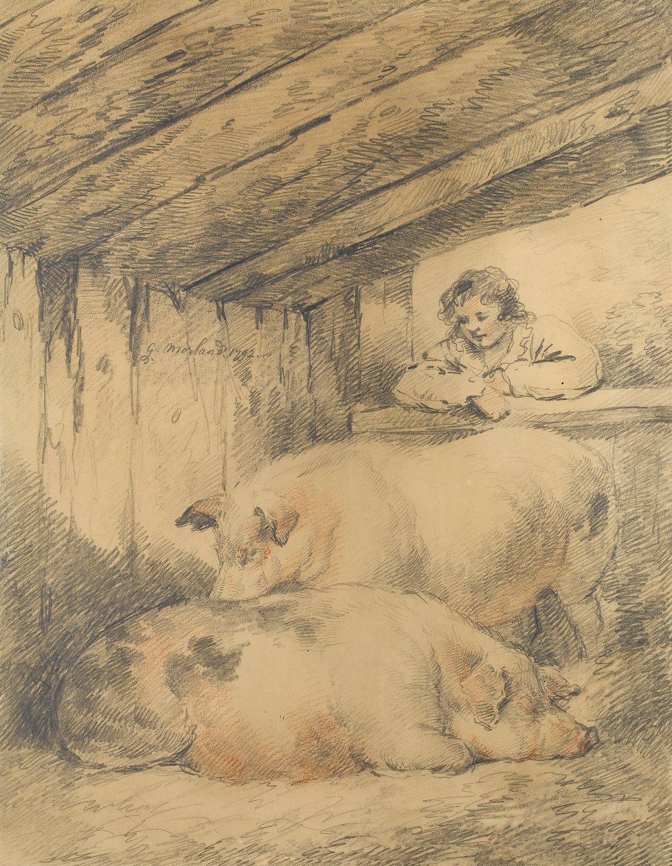 The Pigsty, 1792 (tužka s červenou a bílou křídou na papíře) od George Morland