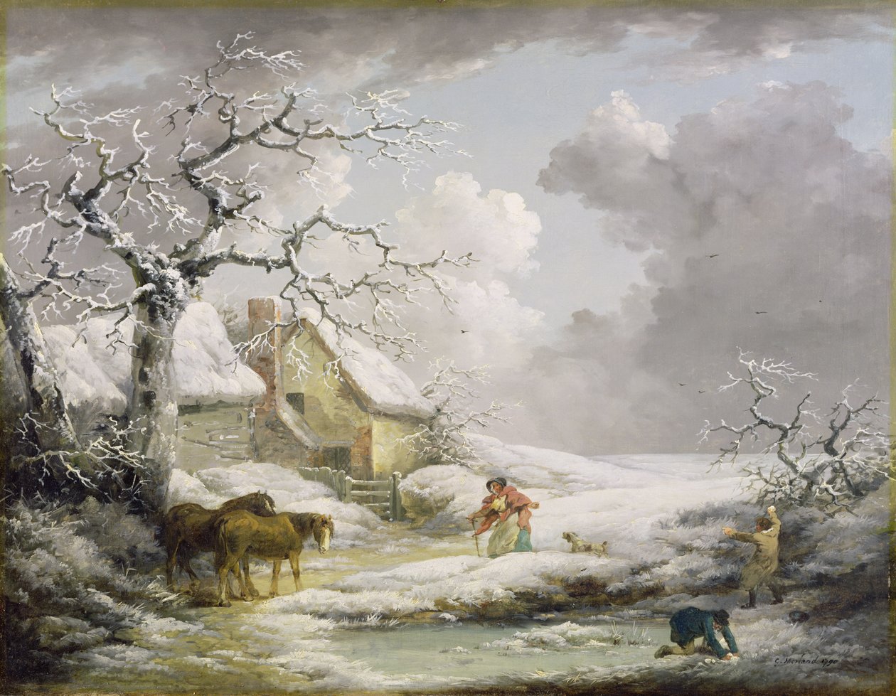 Zimní krajina s muži koulujícími starou ženu, 1790 od George Morland
