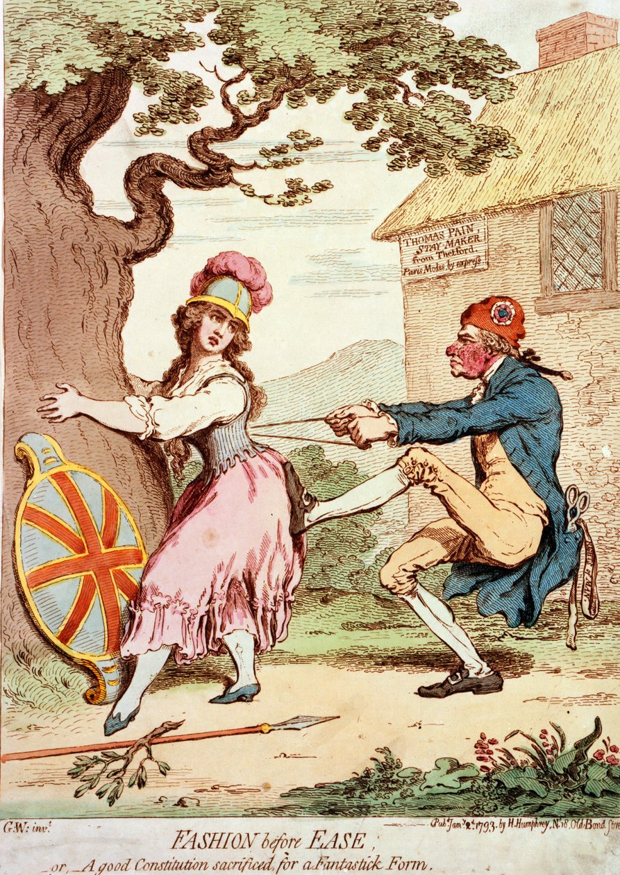 Fashion Before Ease, aneb Dobrá konstituce obětovaná za fantastickou formu, hospoda. 1793 (ručně kolorovaná rytina) od George Moutard Woodward