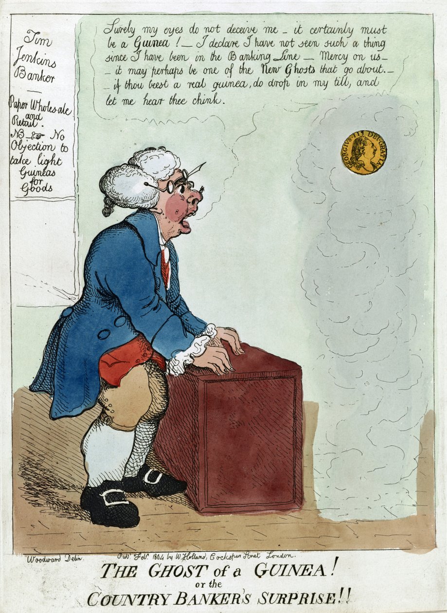 Ghost of a Guinea! Nebo Překvapení venkovského bankéře!!, 1804 (ručně kolorovaný lept) od George Moutard Woodward