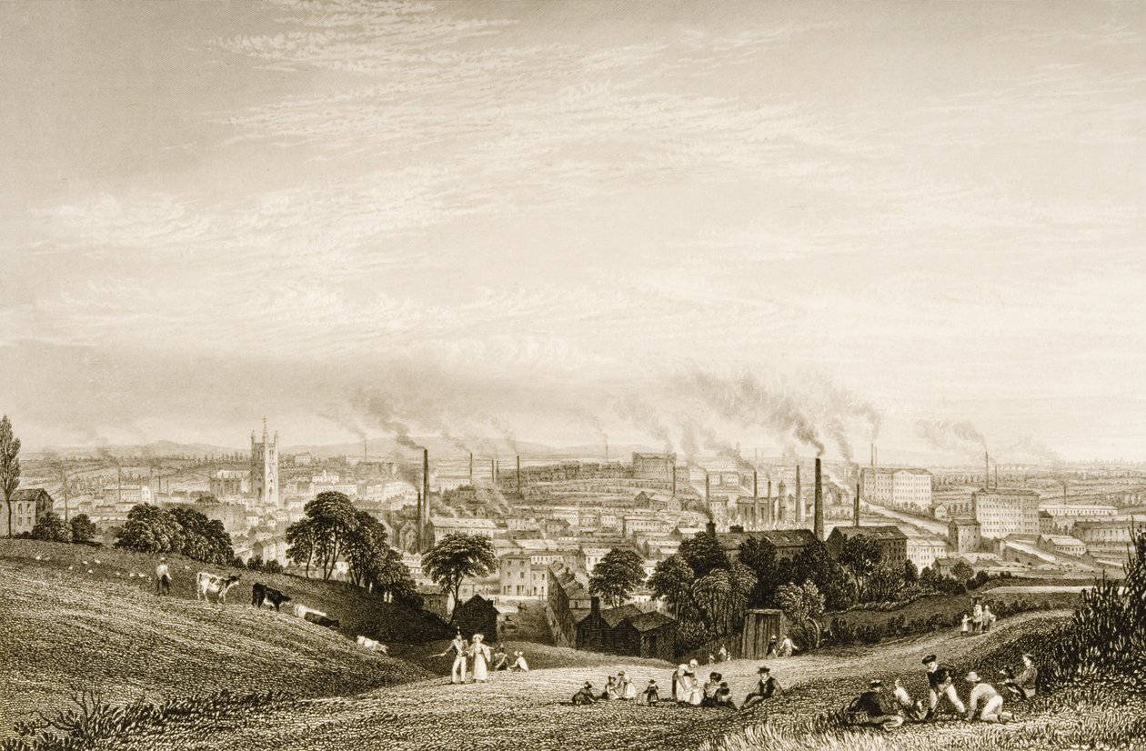 Celkový pohled na Stockport, Lancashire, ukazující továrny na bavlnu, publikoval J. C. Varrall (fl. 1815-27) 30. léta 19. století od George Pickering