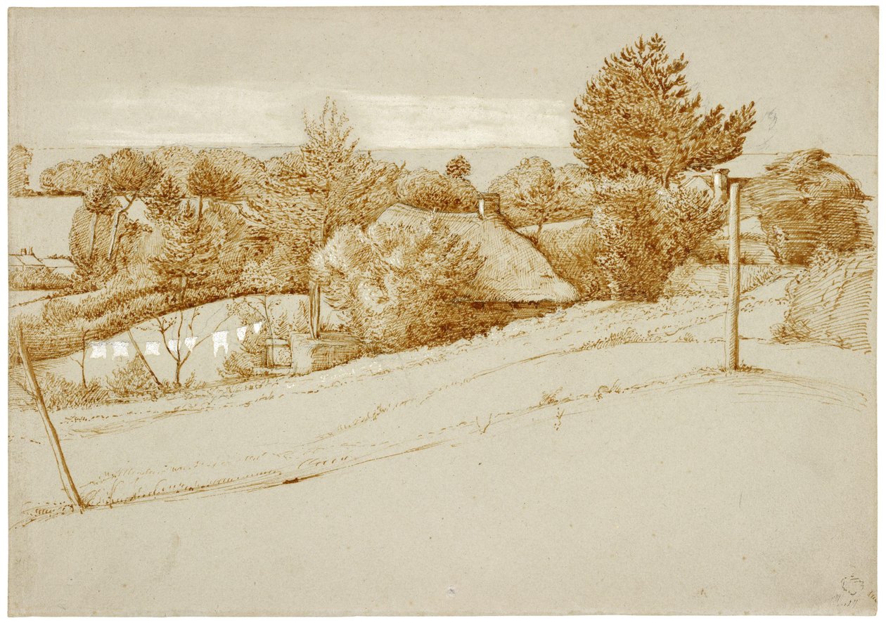 Zalesněná krajina s chatkou od George Richmond