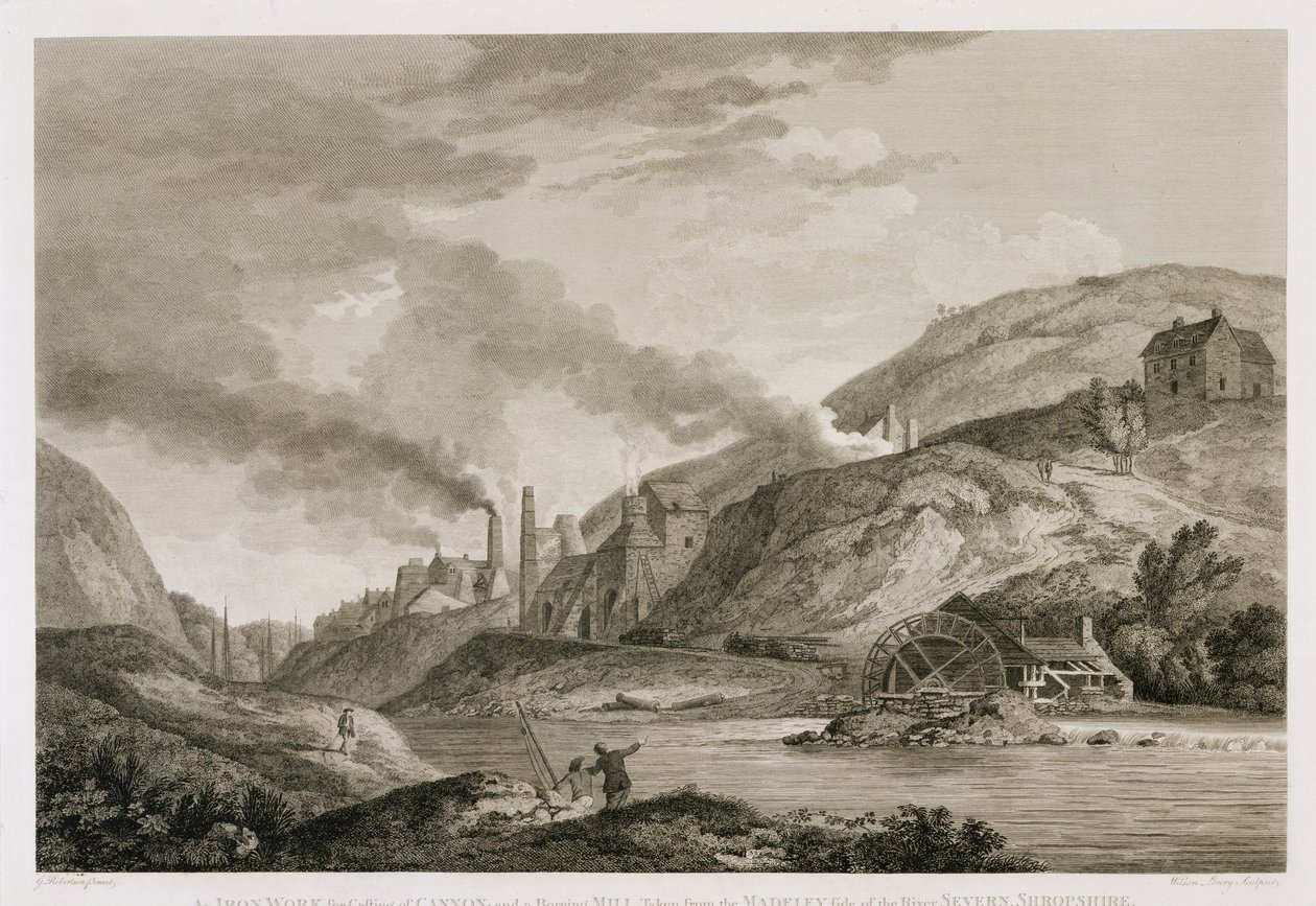 Železná práce pro odlévání děl a vrtného mlýna pořízená z Madeley strany řeky Severn, Shropshire, vyryla Wilson Lowry (1762-1824) 1788 od George Edward Robertson