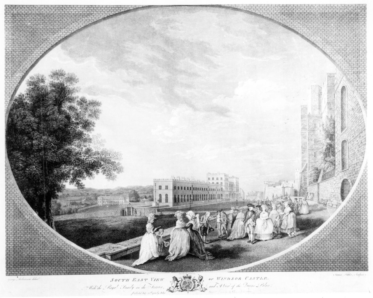 Jihovýchodní pohled na hrad Windsor, s královskou rodinou na terase a výhledem na Královnin palác, vyrytý James Fittler, 1783 od George Edward Robertson