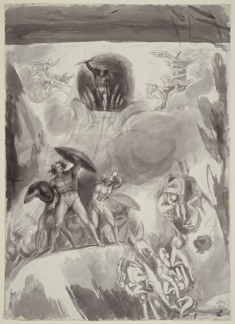 Fall of the Rebel Angels, 1790 (pero a inkoust s wc přes tužku na papíře) od George Romney