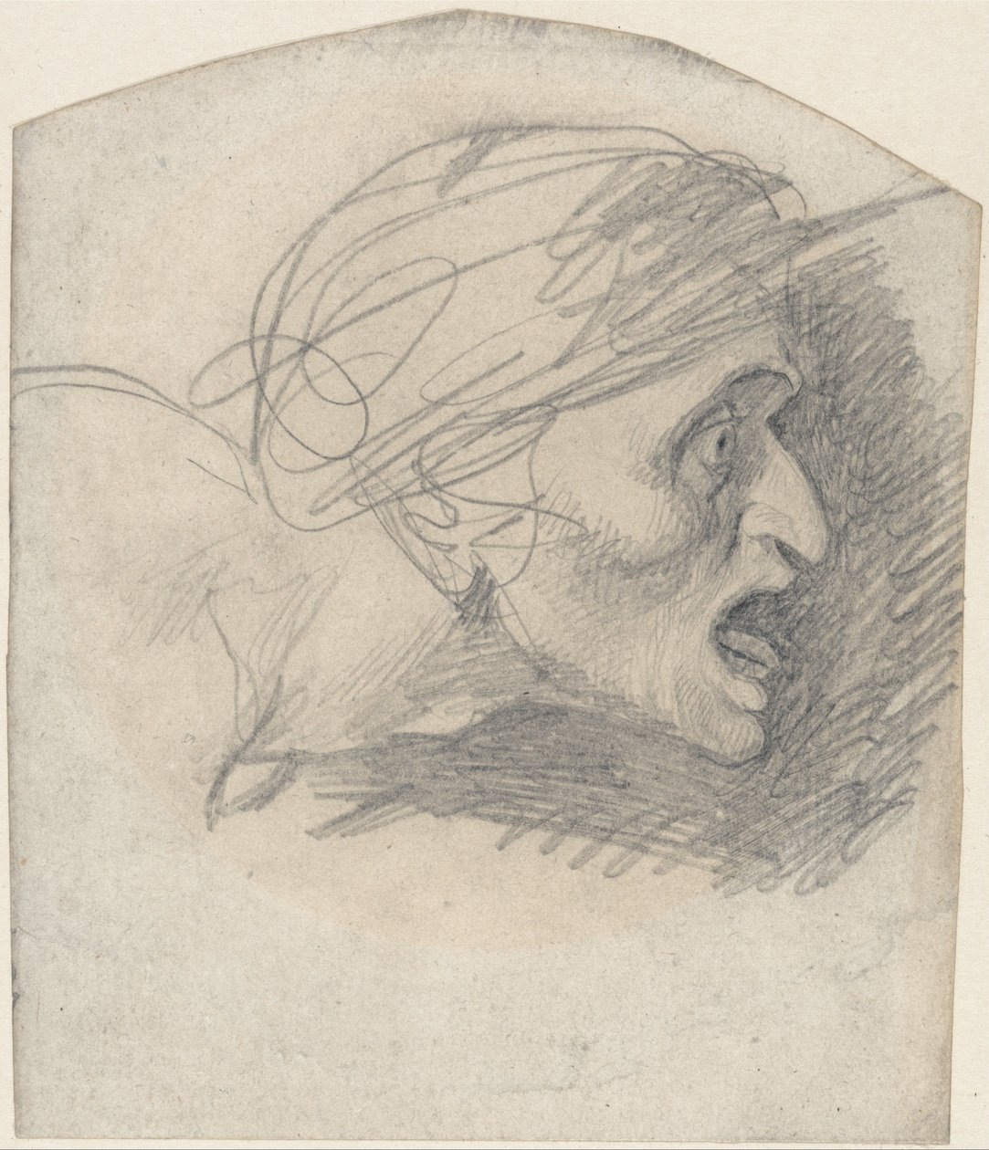 Profil groteskní hlavy směřující doprava od George Romney