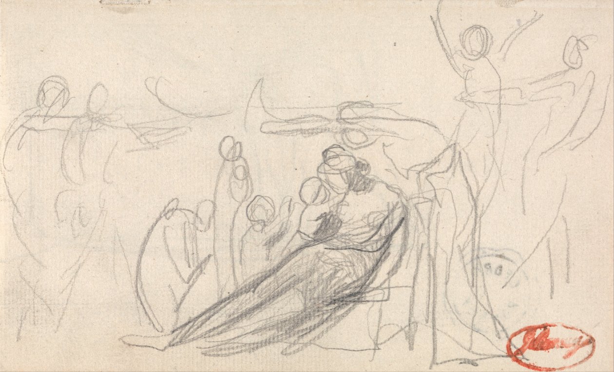 Ležící postava s dětmi a další postavy od George Romney