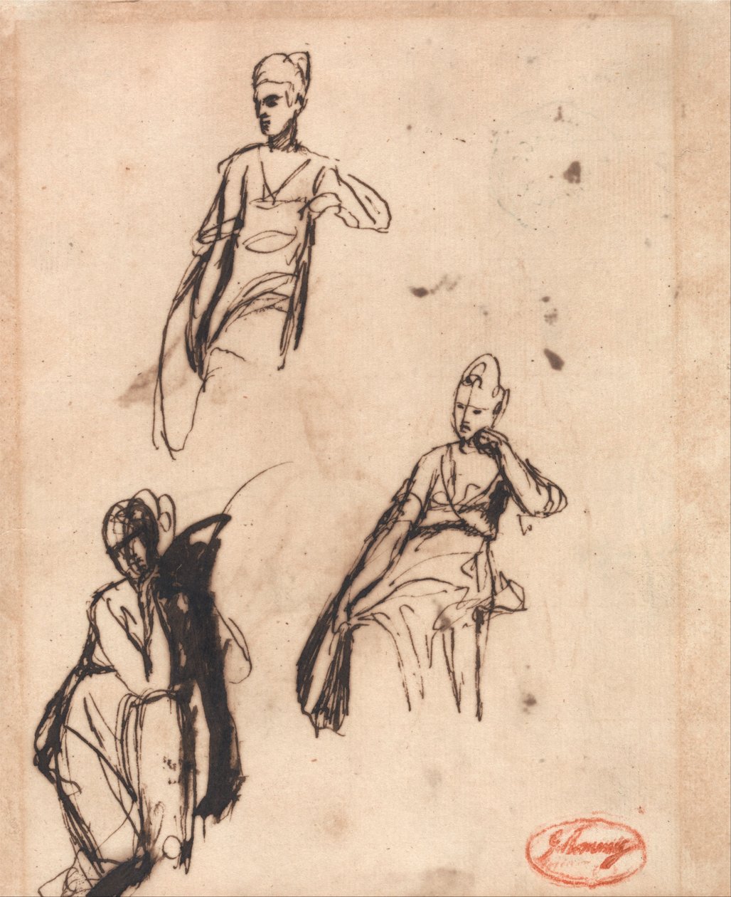 Sedící žena- tři pózy od George Romney