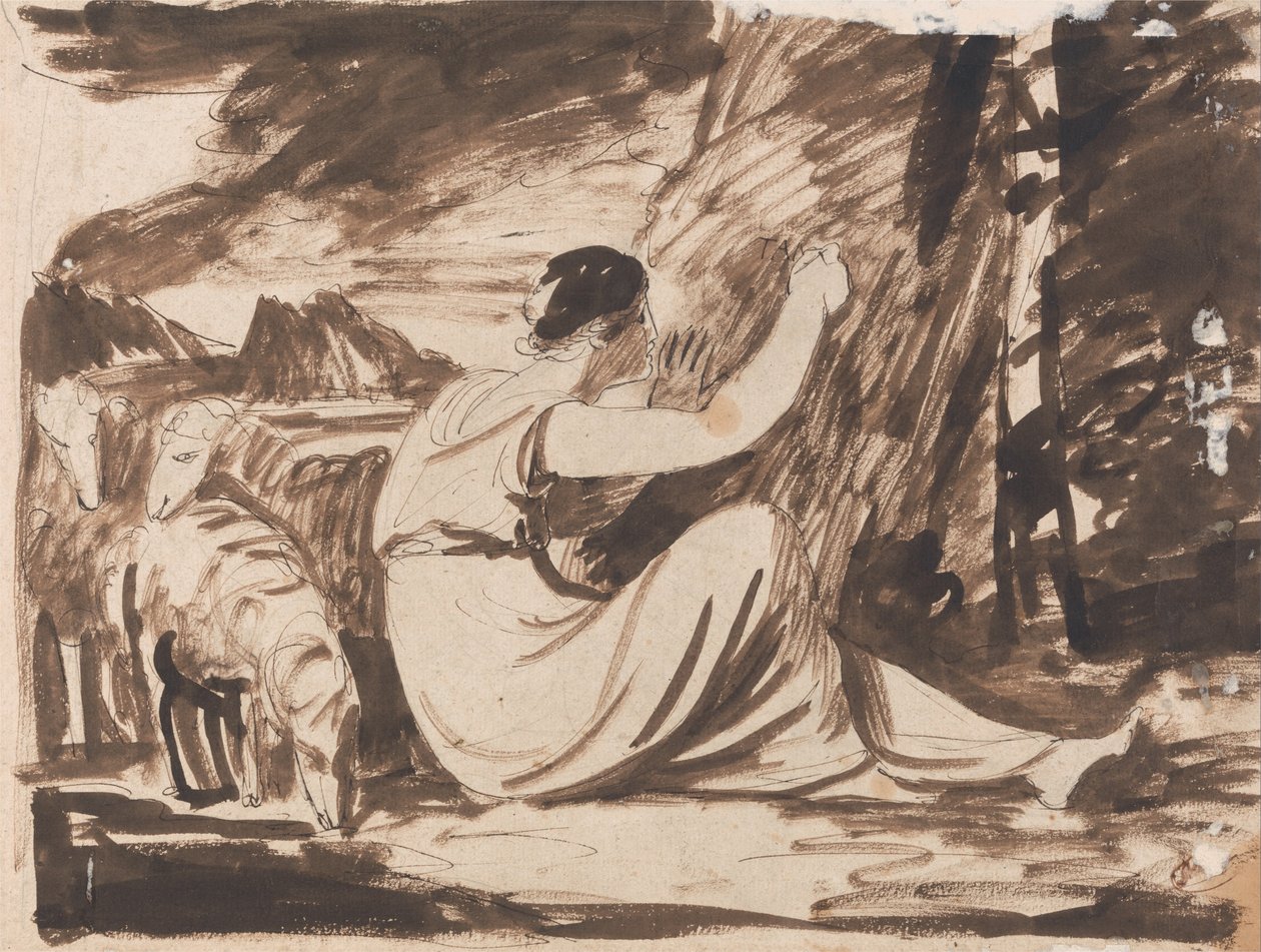 Shepherdess, řezání nápisu na stromě od George Romney