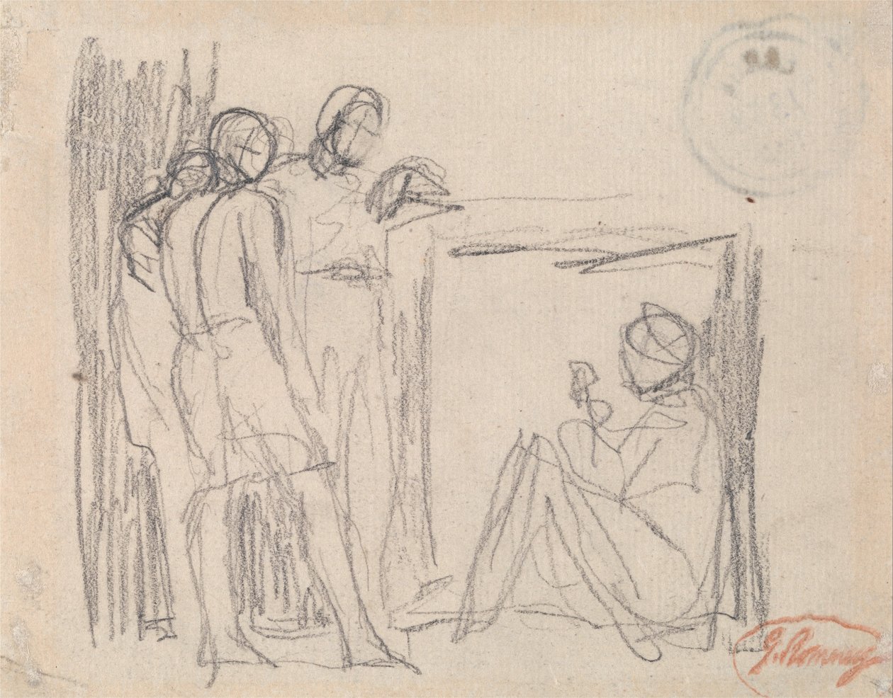 Tři stojící postavy před sedící postavou od George Romney