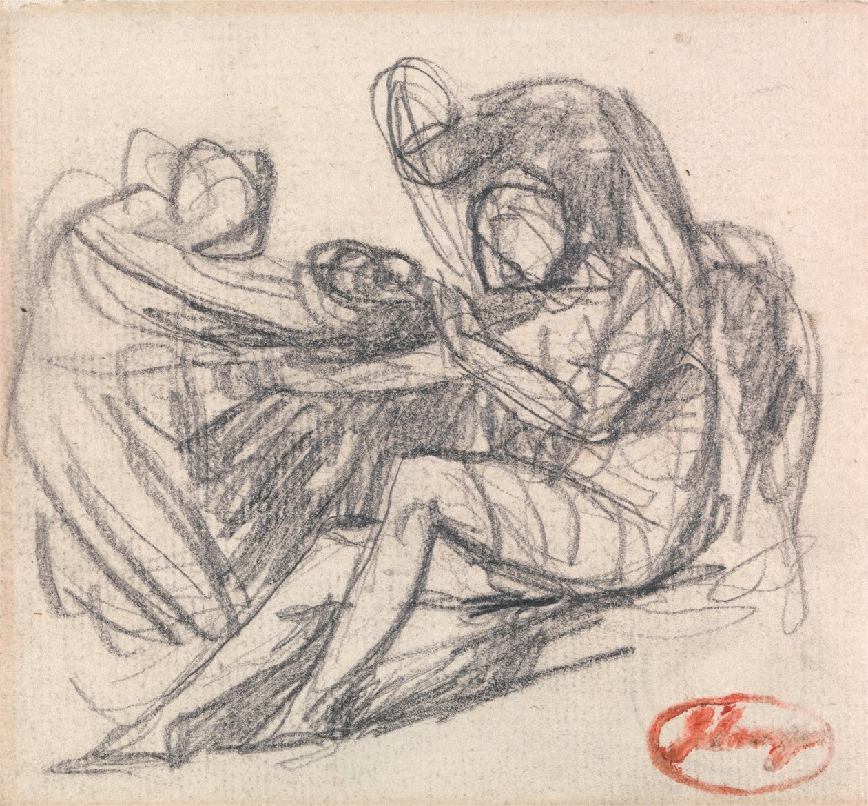 Dvě postavy pomáhající sedící postavě od George Romney