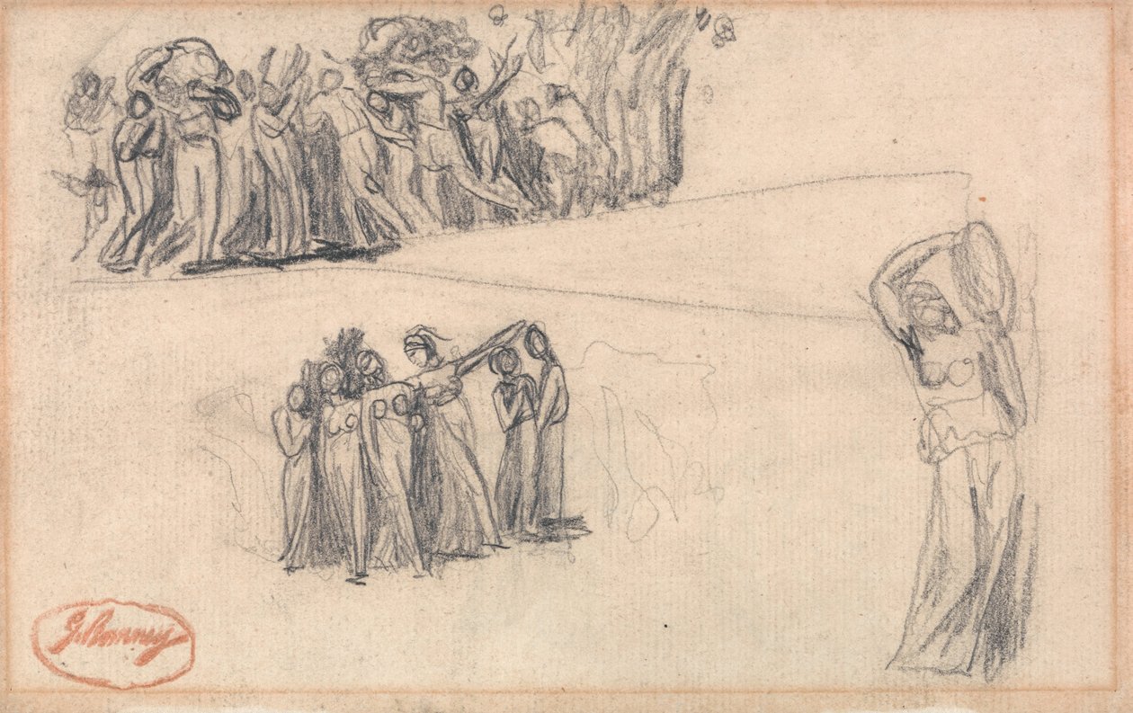 Dva náčrtky žen a dětí prchajících a stojící ženské postavy hrající na tamburínu jako pro dámu ... od George Romney