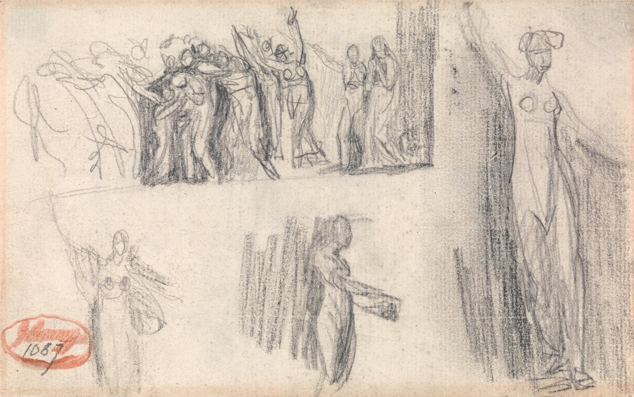Ženy a děti prchají a tři náčrtky stojící ženské postavy od George Romney