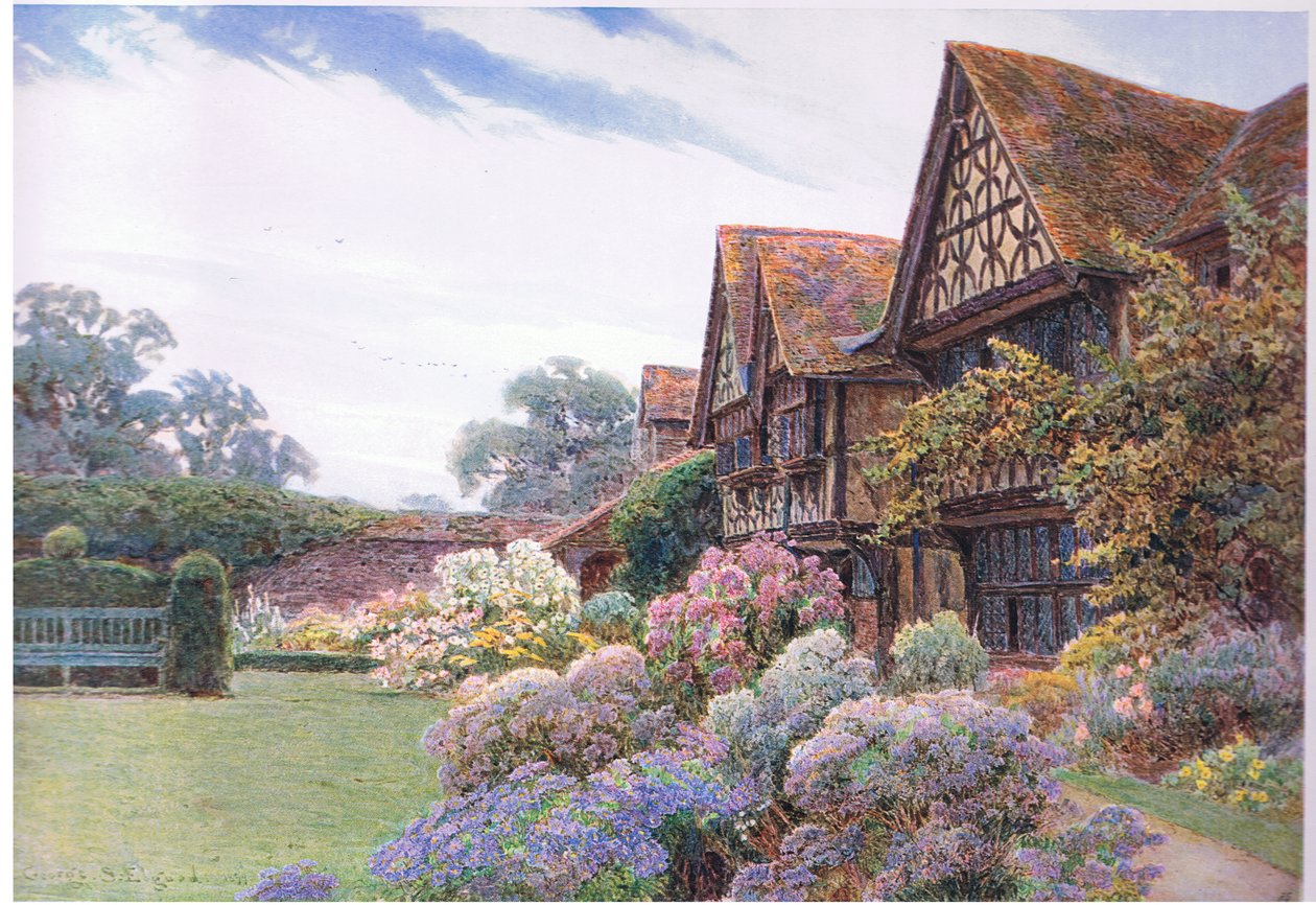 Nádvoří, Great Tangley Manor, Surrey, z The Gardens of England: In the Southern and Western Counties vydané The Studio, 1907 od George Samuel Elgood